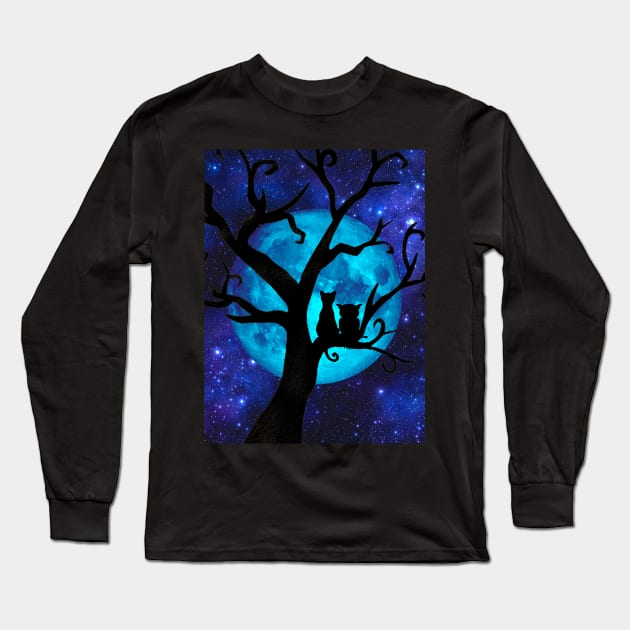 Cat and owl enjoying the moonlight Long Sleeve T-Shirt by DadOfMo Designs